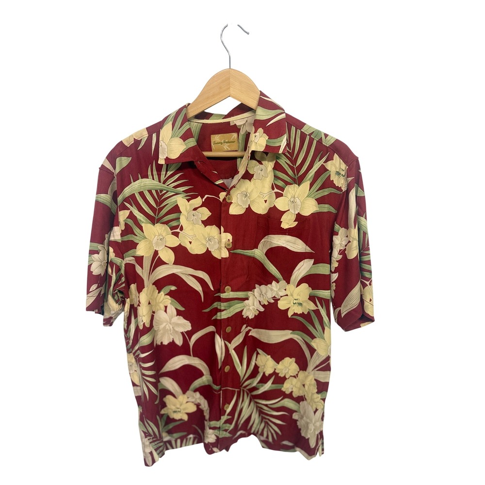 Tommy Bahama Mens 100% Silk Floral Camp Shirt Burgundy Tropical Short Sleeve M